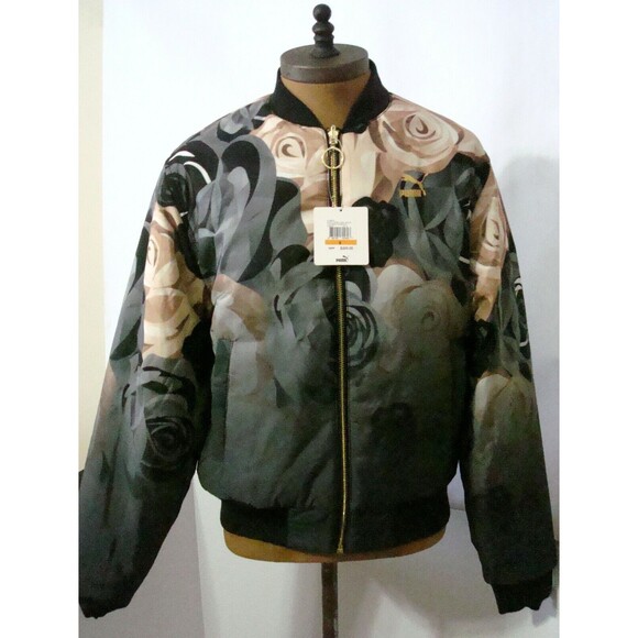New Womens NWT $200 Satin Puma Reversible Rose Bomber Jacket S Black Beige Small - Picture 6 of 12